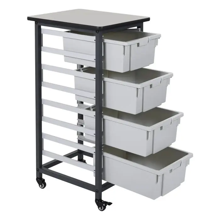 Same Day Shipping Luxor Mobile Bin Storage Unit, Single Row, 4 Large Gray Bins